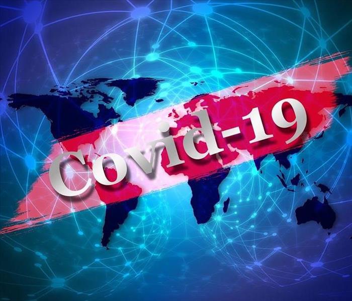 Text: Covid-19 against a global map